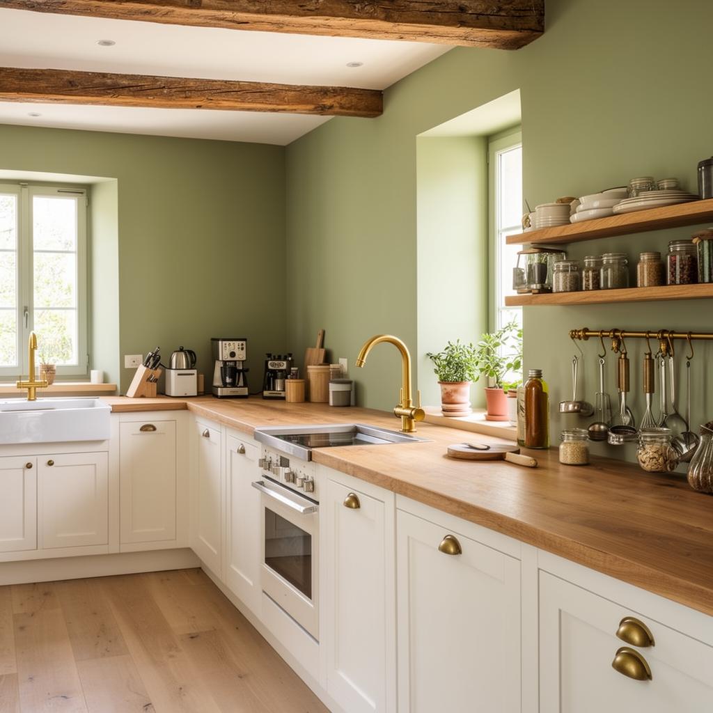 Cuisine équipée avec murs vert sauge et plan de travail en bois