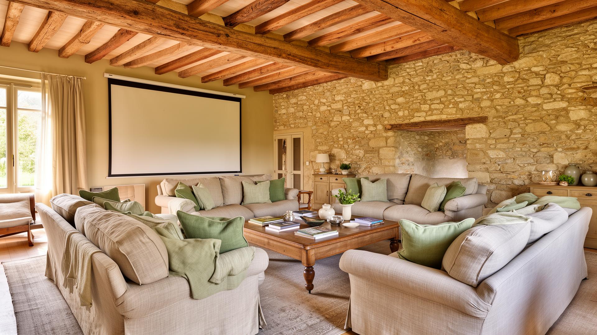 Grand salon avec poutres apparentes et mur en pierre
